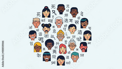 Diverse group of people with different ethnicities and facial expressions in a circular pattern with foreign language text on light blue background