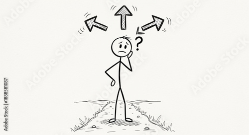 Stick figure confused at crossroads with multiple arrows pointing different directions.