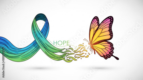 Vibrant butterfly emerging from ribbon symbolizing hope and freedom in a bright white background