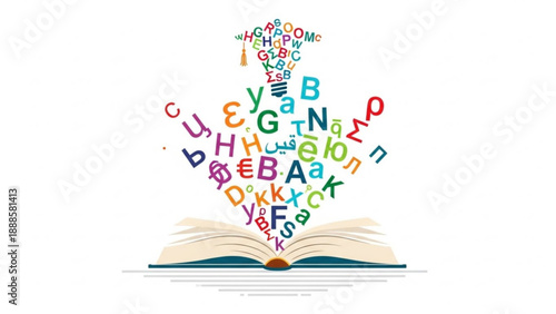 Vibrant alphabet letters emerge from open book on white background symbolizing learning and education