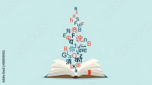 Multicolored alphabet letters rising from an open book on a light blue background symbolizing learning and education