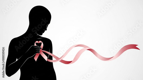 Silhouette of a woman holding a pink breast cancer awareness ribbon tied in a heart shape on her chest with a flowing ribbon extending to the right against a white background