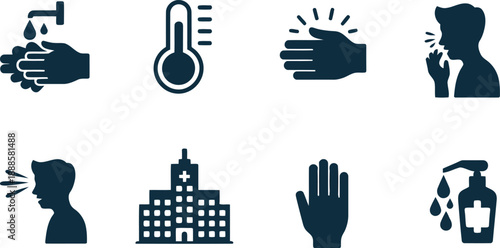 Essential health and hygiene icons including handwashing, thermometer, hospital, and sanitizer pump