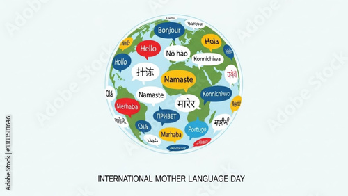 International mother language day celebration with globe and multilingual greetings cultural diversity concept