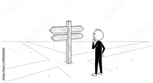 Stick figure contemplates a crossroads signpost with multiple directions.