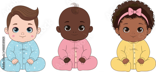 Three cute diverse multiethnic babies sitting together wearing colorful pajamas and onesies isolated on white background for childcare parenting infant growth and diversity concepts