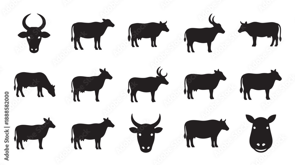 Obraz premium Cow Silhouettes in Various Poses and Angles in Black on White Background for Graphic Design