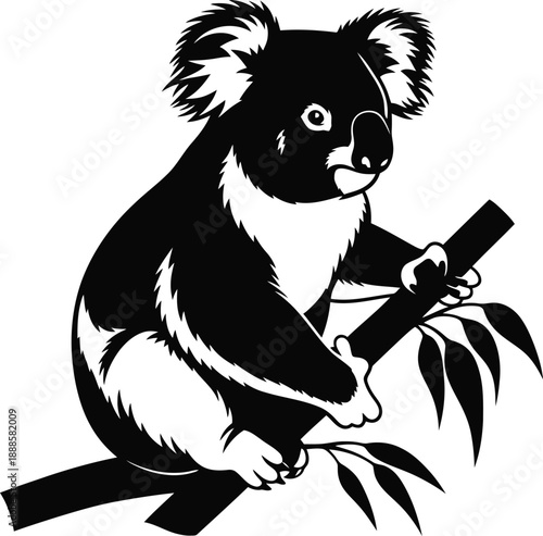 Black and white illustration of a koala bear on a tree branch