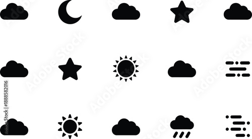 Fifteen black weather forecast symbols showing sun, clouds, moon, stars, and rain against a white surface