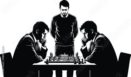 Three Professional Men Engaged in Intense Chess Match with One Spectator Watching Two Players Concentrating on Strategic Moves Isolated on White Background for Competition Concept