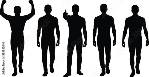 Five black male human body silhouettes standing and walking in various poses including pointing