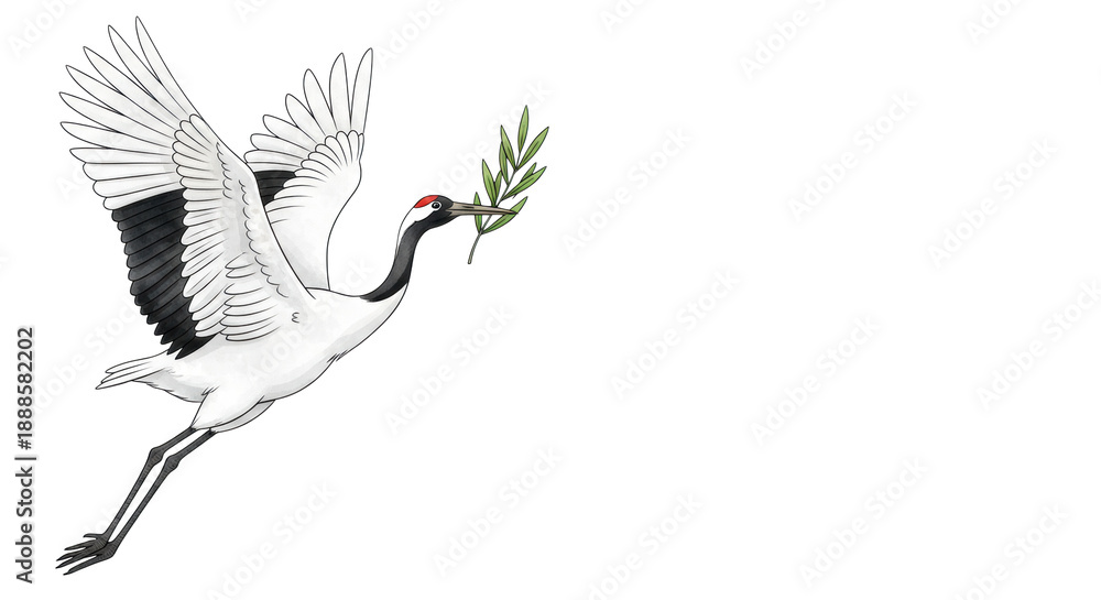 Fototapeta premium Elegant japanese red-crowned crane watercolor illustration mid-flight, holding a green olive branch, spread wings against a minimalist white background, symbolizing peace and new beginnings concept