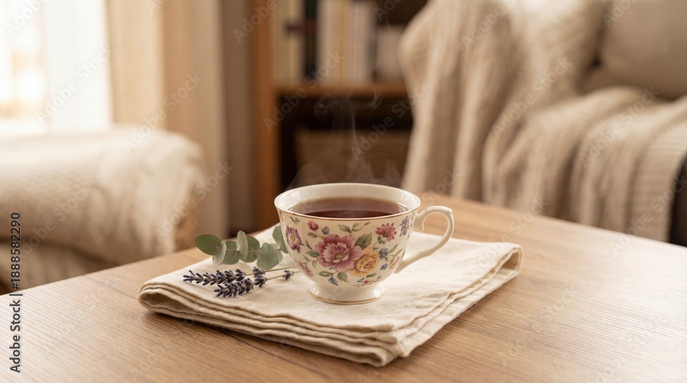 Fototapeta premium Cozy tea moment with floral cup and lavender sprig on a wooden table
