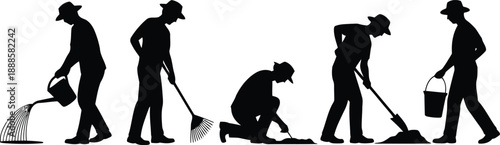 Five distinct black silhouettes depict men performing various tasks in a garden setting