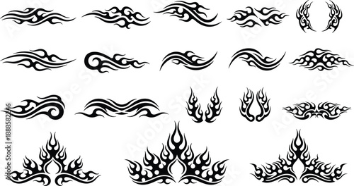 Tribal flame vector set featuring fire tattoo elements, abstract black silhouettes, decorative flame ornaments and edgy graphic designs isolated on white background