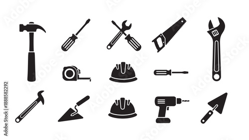 Set of black construction tools icons in modern flat design on white background for industrial use
