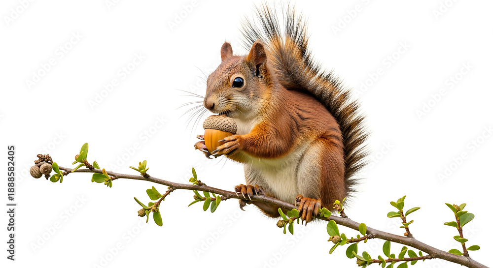 Obraz premium Cute squirrel sitting on tree branch isolated on white background, small wild animal in natural pose representing wildlife, forest life and playful nature concept
