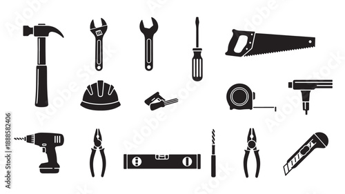 Assorted carpentry tools in minimalist black silhouettes on white background for DIY projects