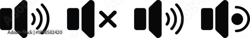 Four black speaker symbols indicating sound levels and a mute function on a clean white background