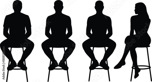 Four black silhouettes of people sitting on stools with legs crossed on a white background