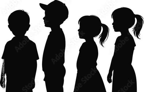 Four children silhouettes standing together on a clean white background in various profile and front views