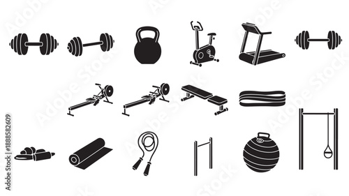 Fitness Equipment Icons in Simple Monochrome Style with Black Color on White Background for Health and Wellness