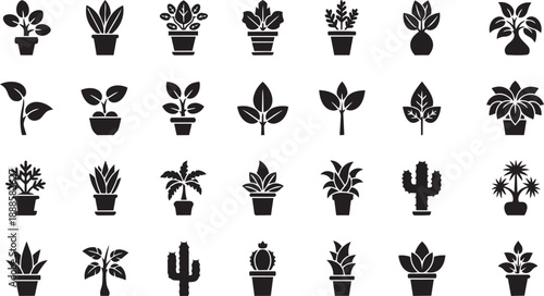 Collection of 28 black silhouette potted plants and cacti vector illustrations on white background