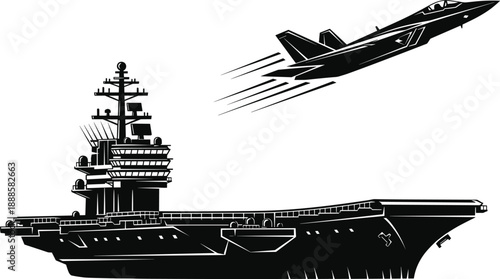 Vector Silhouette Illustration of a Modern Military Aircraft Carrier with a Stealth Fighter Jet Taking Off for Naval Combat Mission and Maritime Defense Operations
