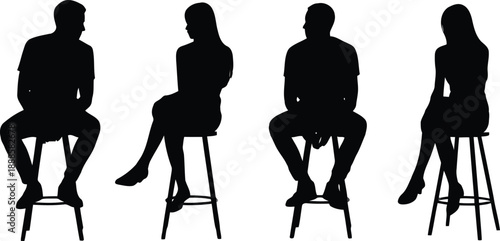Four distinct black human silhouettes sitting on bar stools in various positions