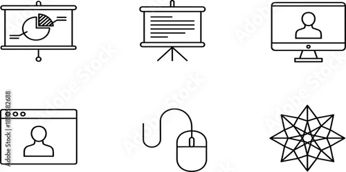 Digital presentation and online profile line icon set featuring pie chart slide screen computer user avatar mouse and geometric star,