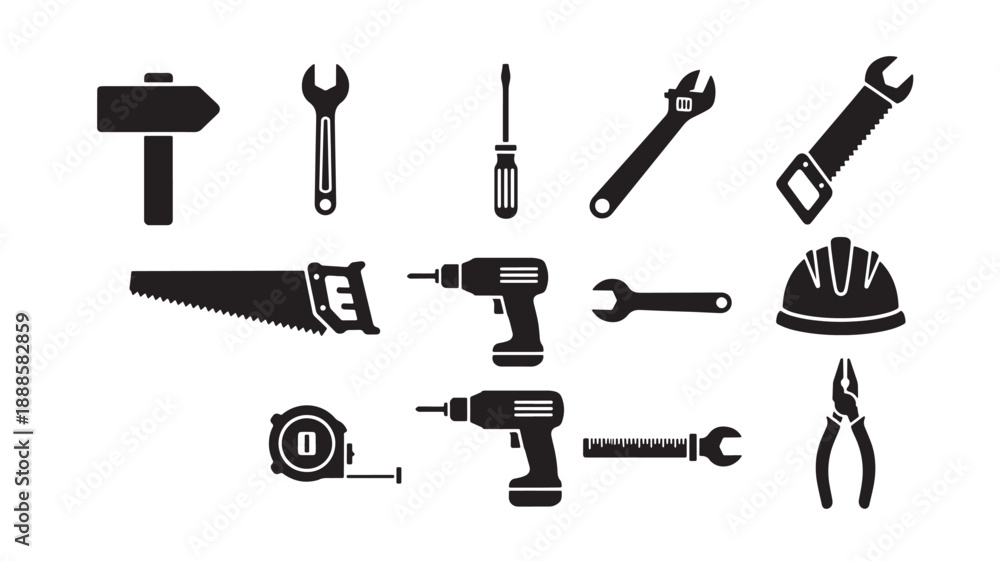 Obraz premium Tools and hardware in minimalist black silhouette style on white background for industrial design