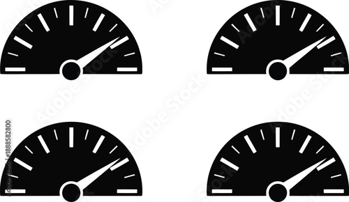 Four detailed black speedometer icons with fine markings showing a moderate level or value