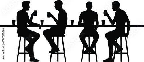 Four male friends are sitting at a bar counter enjoying drinks and socializing together
