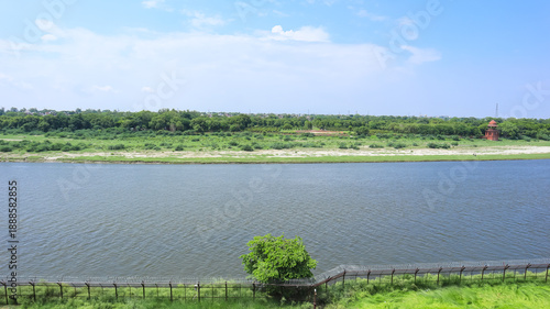 India, Uttar Pradesh, Agra, Beautiful View of Yamuna River in Back of Taj Mahal.