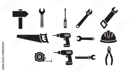 Tools and hardware in minimalist black silhouette style on white background for industrial design