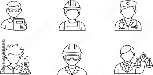 Professional occupation icon set featuring diverse careers including teacher, construction worker, medical doctor, laboratory scientist, industrial engineer, and legal judge avatars.