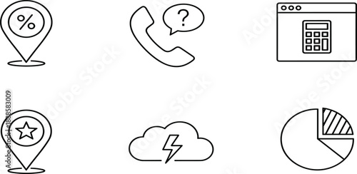 Line icon set featuring discount location pin, telephone customer support, web calculator, favorite place marker, storm cloud, and pie chart.