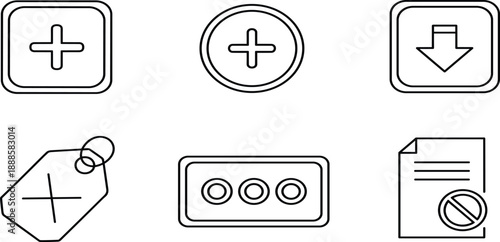 Line icon set featuring add square button, plus circle, download arrow, price tag with cross, more options, and restricted file.