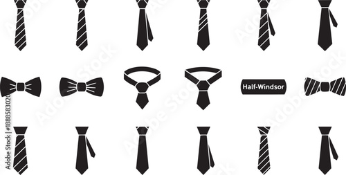 Black and white neckties and bowties collection with various styles and patterns