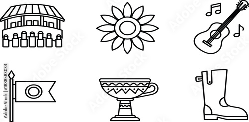 Line icon set featuring cocktail shaker, metal hip flask, margarita glass, wooden garden gate, kitchen electric blender, and water bottle.