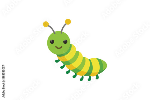 Charming cartoon green and yellow striped caterpillar with friendly smile on a white background