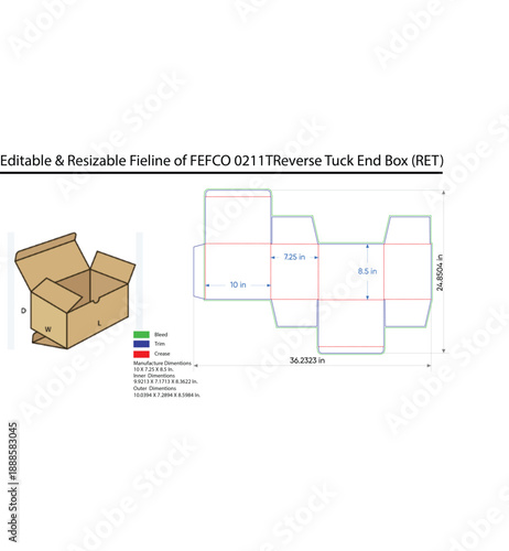 Editable Resizable Template of F E F C O 0211 T Reverse Tuck End Box with Dimensions