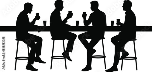 Four men sit on bar stools at a counter, enjoying beverages and conversation in a relaxed setting
