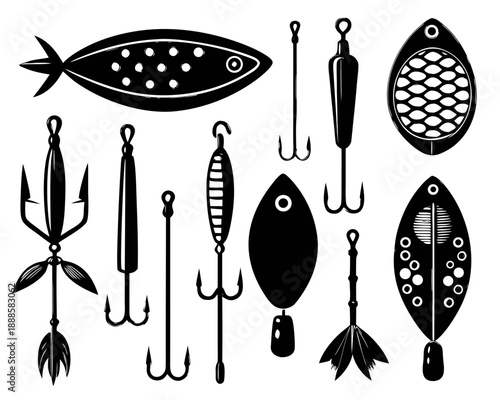 Vector Set of Fishing Lure Silhouettes – Spinners, Spoons & Artificial Bait, Minimalist Black on White, Clean Sharp Edges, Outdoor & Sporting Icons