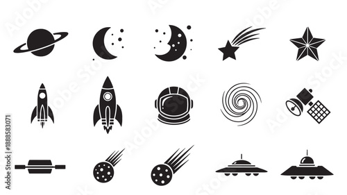 Space icons set in simple flat style with black color on white background for web design