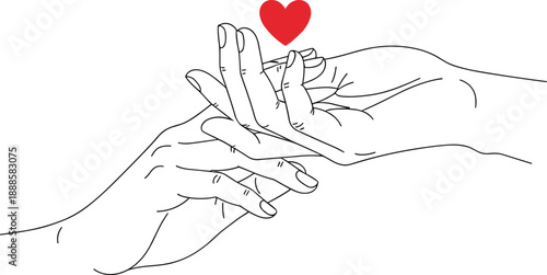 Minimalist hand gesture with red heart, emotional connection, love and care concept, elegant line art, romantic symbol