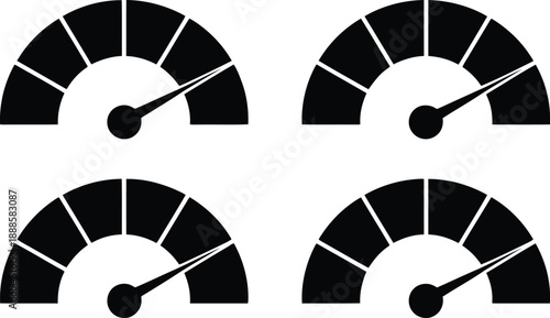Four simple black speedometer icons with wide segments indicating a moderate speed or performance level
