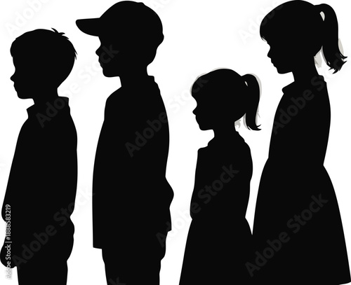Four young children in varying heights stand together in a row looking to the right