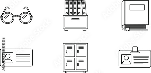 Back to school office supplies and education line icon set featuring glasses binders book id card and school locker cabinets