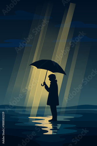 Silhouette of person with umbrella in rain under spotlight